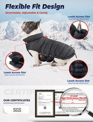 SPACE LION dog puffer jacket side view highlights adjustable chest and legs.