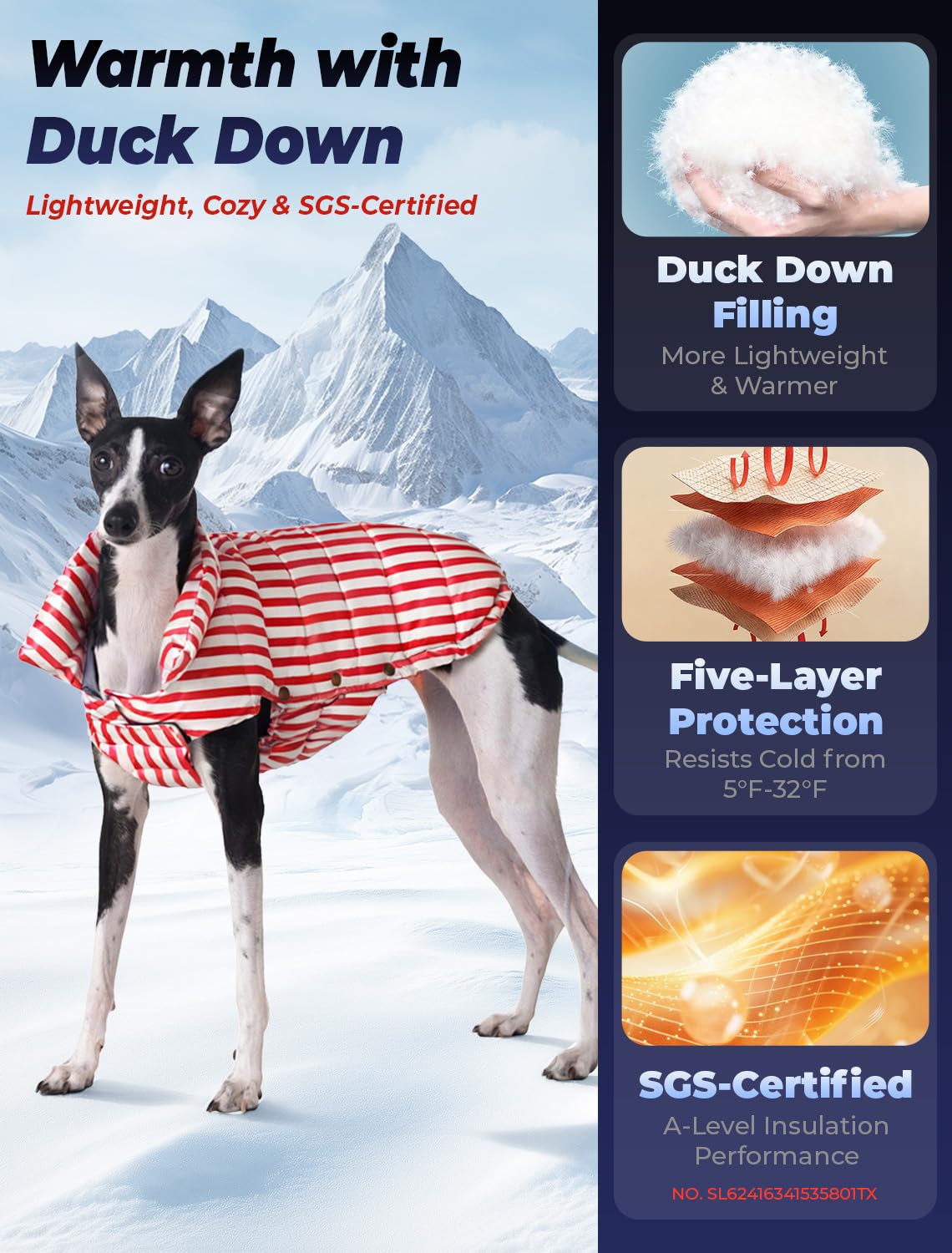 SPACE LION dog puffer jacket side chest panel flexible fit for various body types