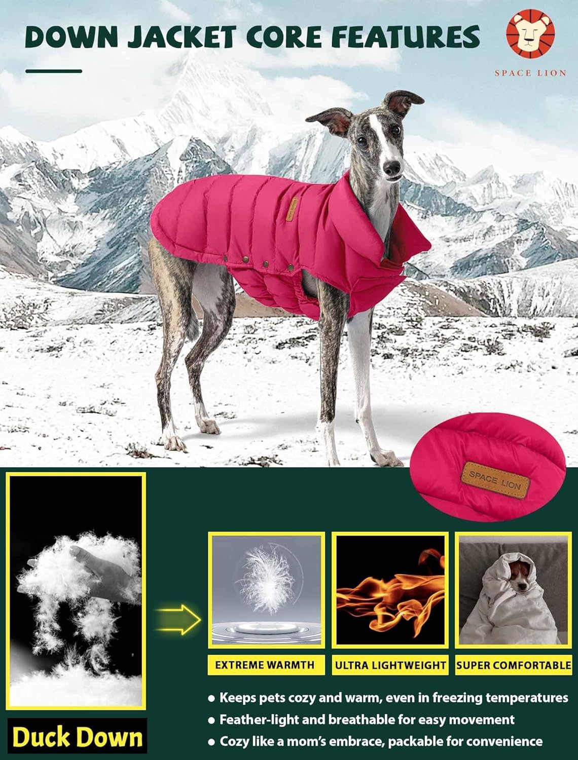 Space Lion dog puffer jacket side profile highlights adaptable chest panel for varied builds