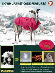 Space Lion dog puffer jacket side profile highlights adaptable chest panel for varied builds