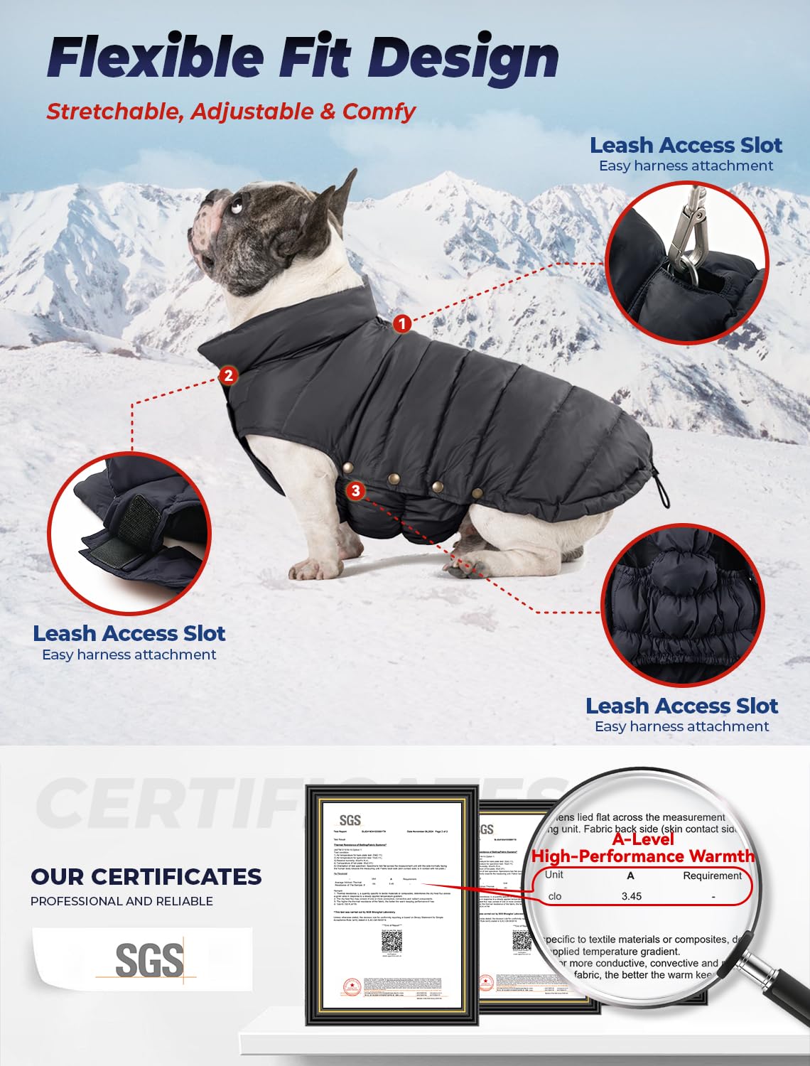 SPACE LION dog puffer jacket side view shows adjustable neck and chest for secure fit.