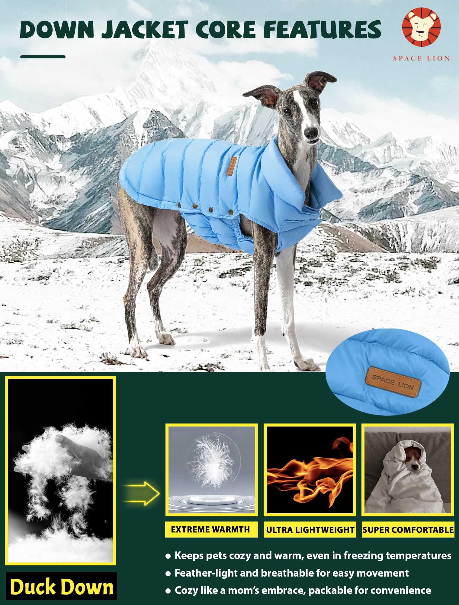Space Lion dog puffer jacket side view highlights adjustable fit for growing, active small dogs.