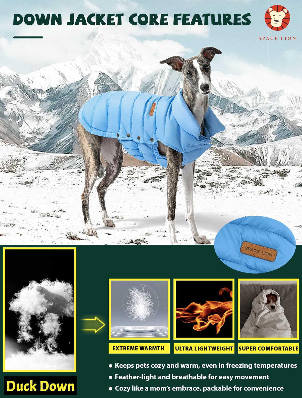 Space Lion dog puffer jacket side view highlights adjustable fit for growing, active small dogs.