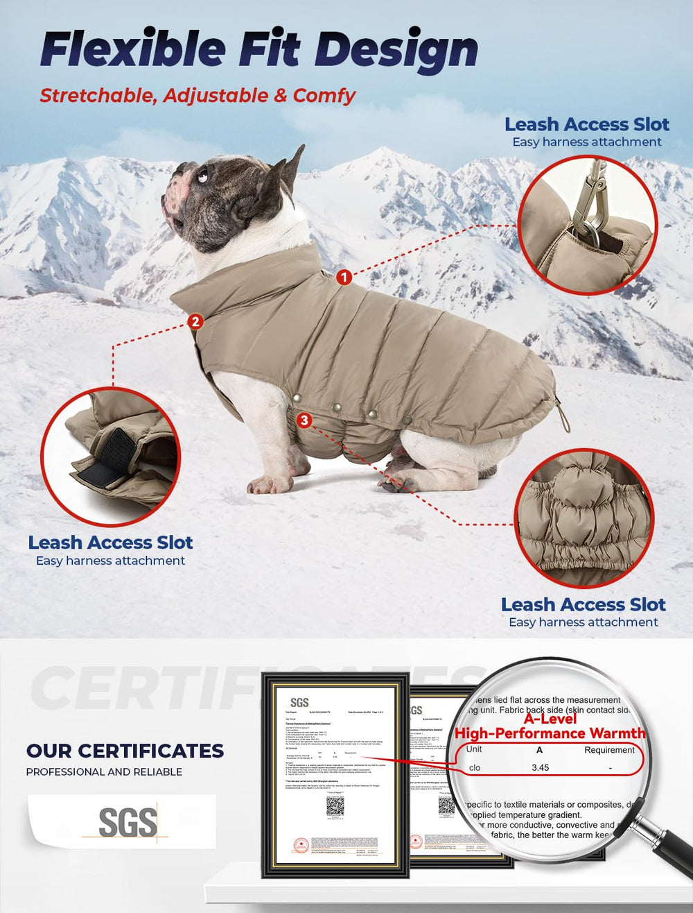 SPACE LION dog puffer jacket side view showing harness back hole for easy leash attachment
