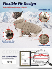 SPACE LION dog puffer jacket side view showing harness back hole for easy leash attachment