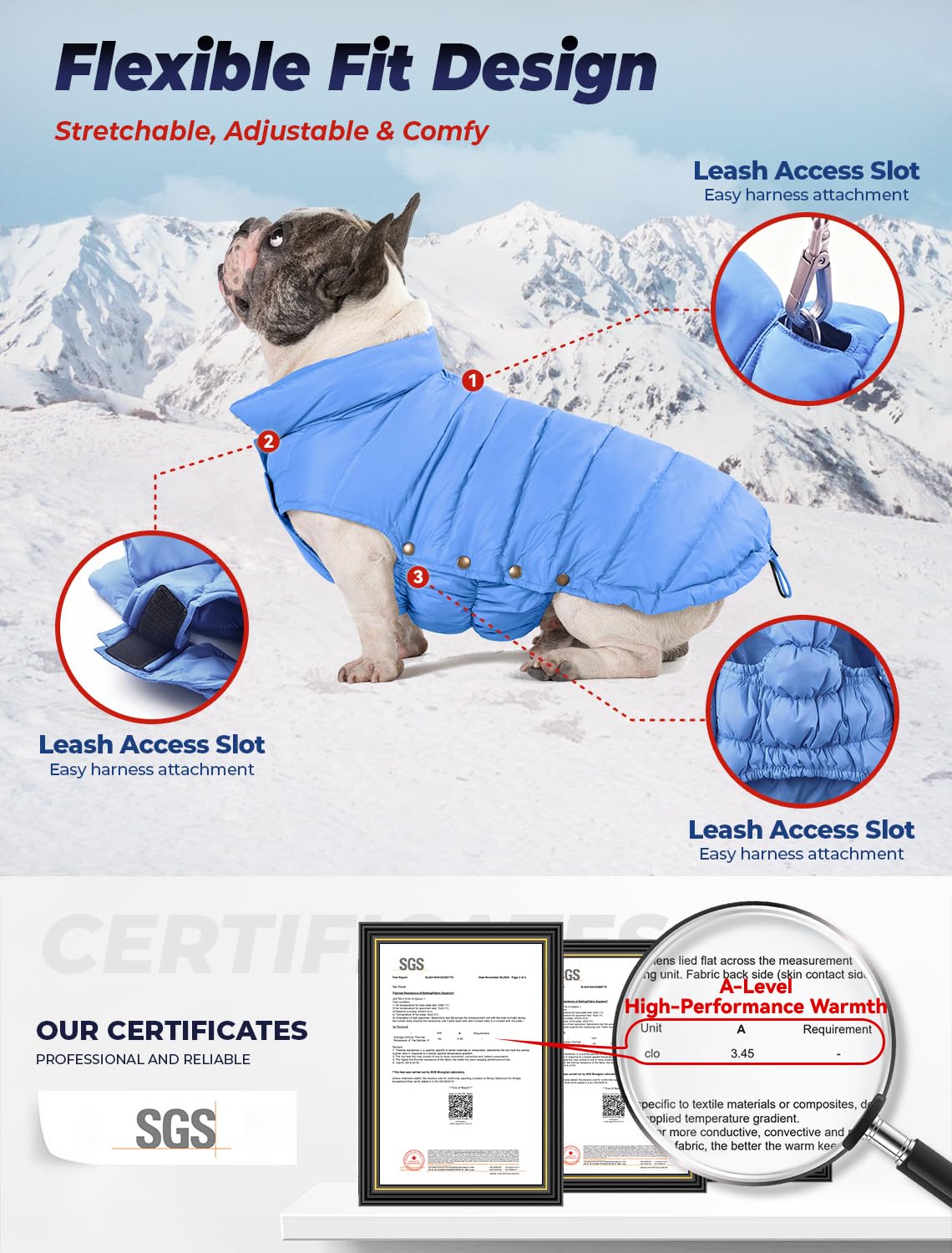 SPACE LION dog puffer jacket side view emphasizes adjustable fit for various dogs.