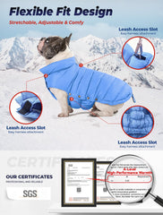 SPACE LION dog puffer jacket side view emphasizes adjustable fit for various dogs.