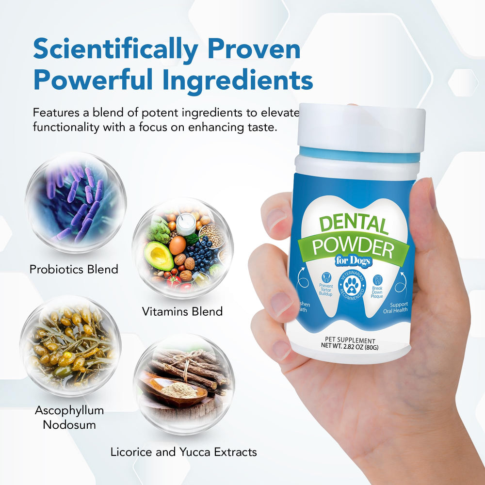 Spanielbuns dental powder label closeup showing kelp and enzyme ingredients