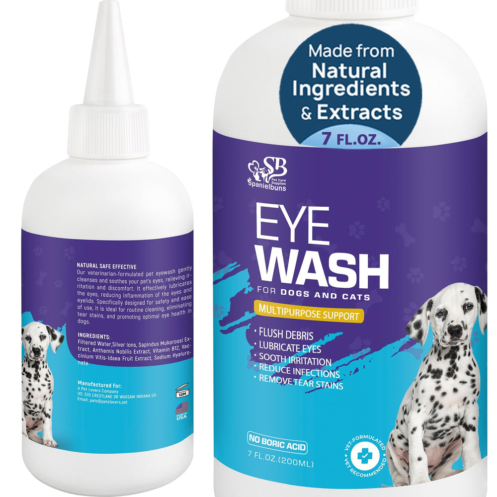 Spanielbuns dog eye drops bottle demonstrates soothing, gentle cleansing for pets.