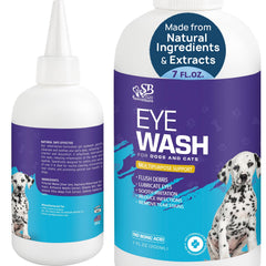 Spanielbuns dog eye drops bottle demonstrates soothing, gentle cleansing for pets.