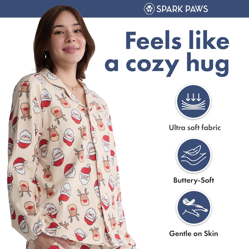 Spark Paws Christmas matching dog-owner pajama top worn by pair during cozy living room night