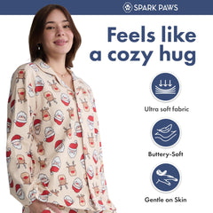 Spark Paws Christmas matching dog-owner pajama top worn by pair during cozy living room night