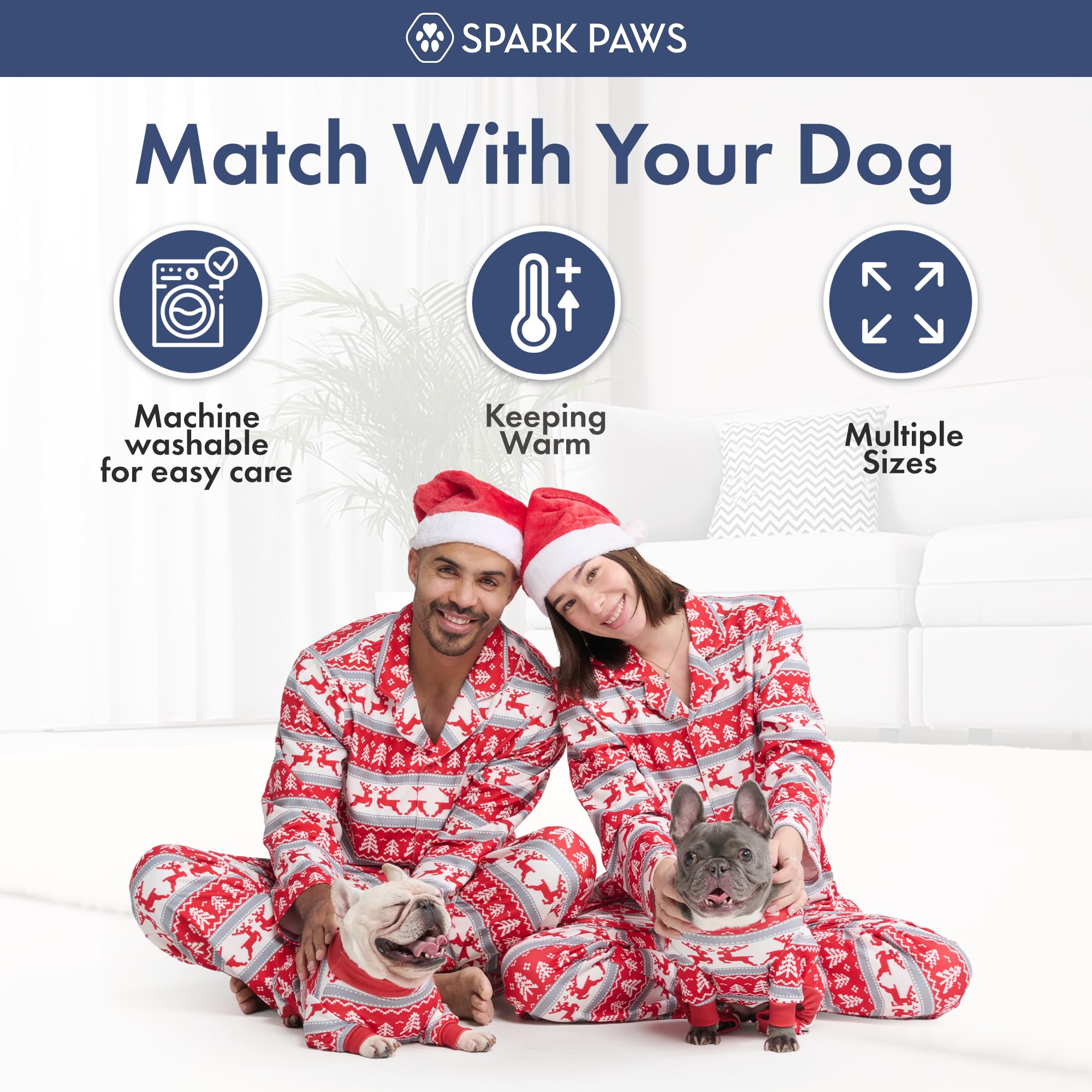 Spark Paws Christmas pajama top Santa Rudolph print detail for festive family photos.