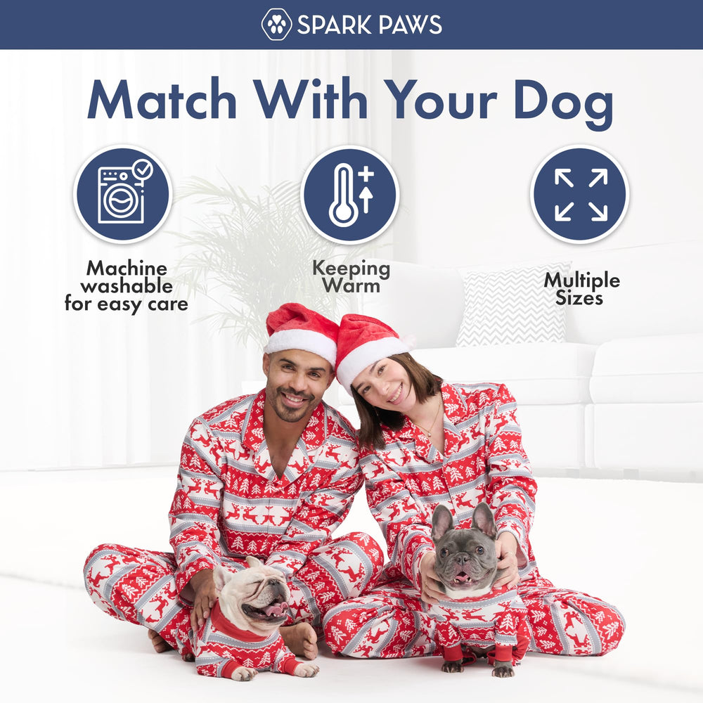 Spark Paws Christmas pajama top Santa Rudolph print detail for festive family photos.