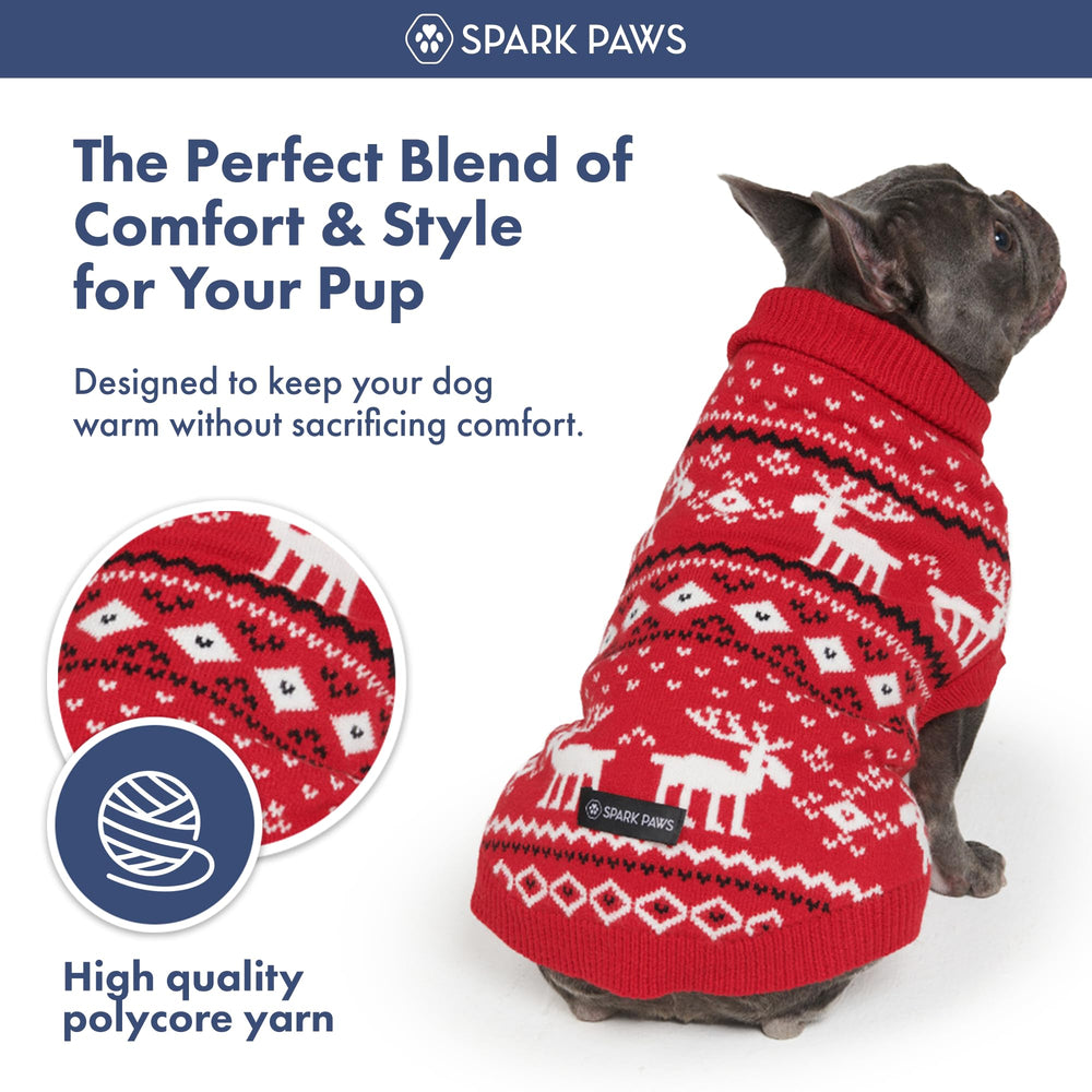 Spark Paws Dasher Red sweater during Christmas photo session adds festive charm.