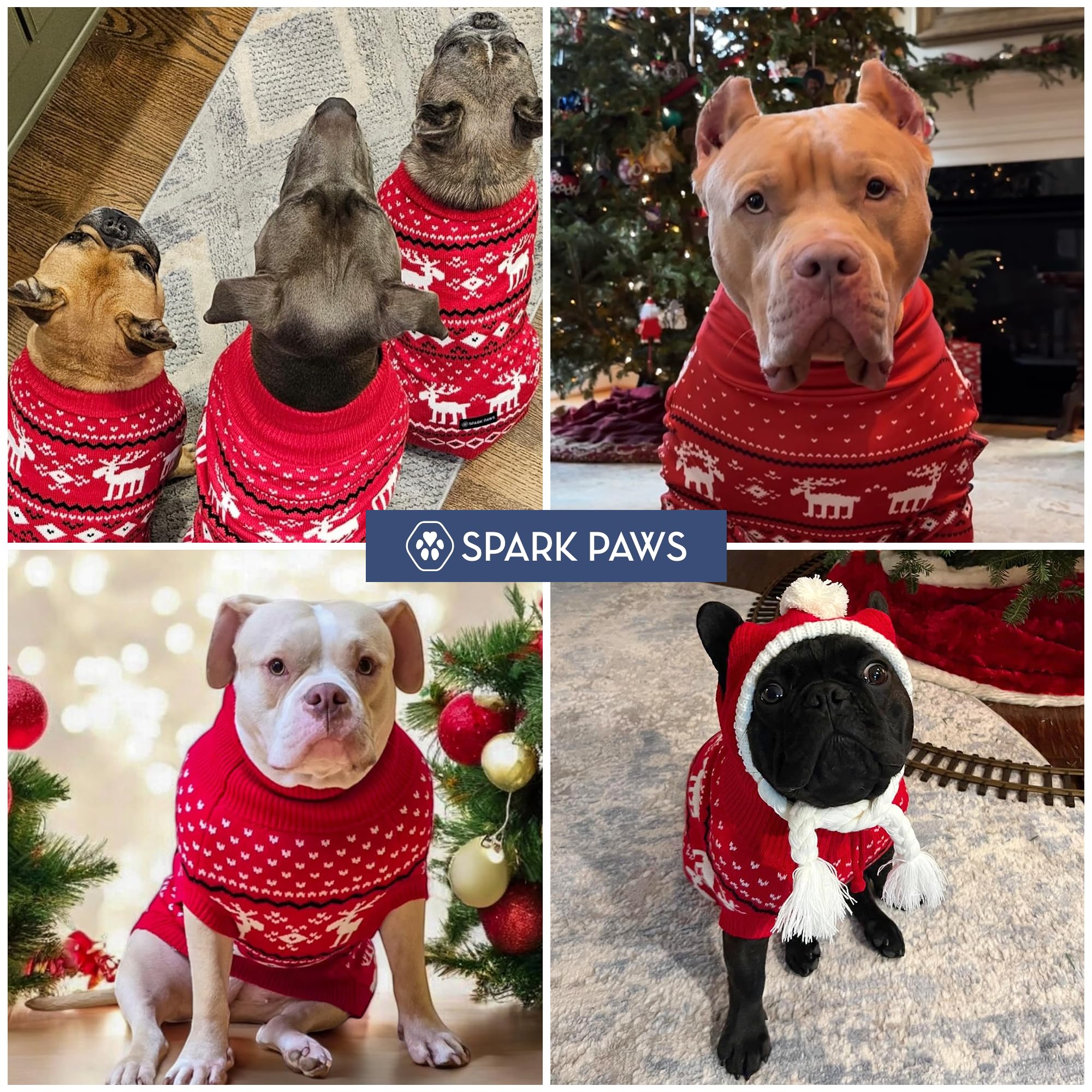 Spark Paws Dasher Red sweater size chart helps find the right fit.