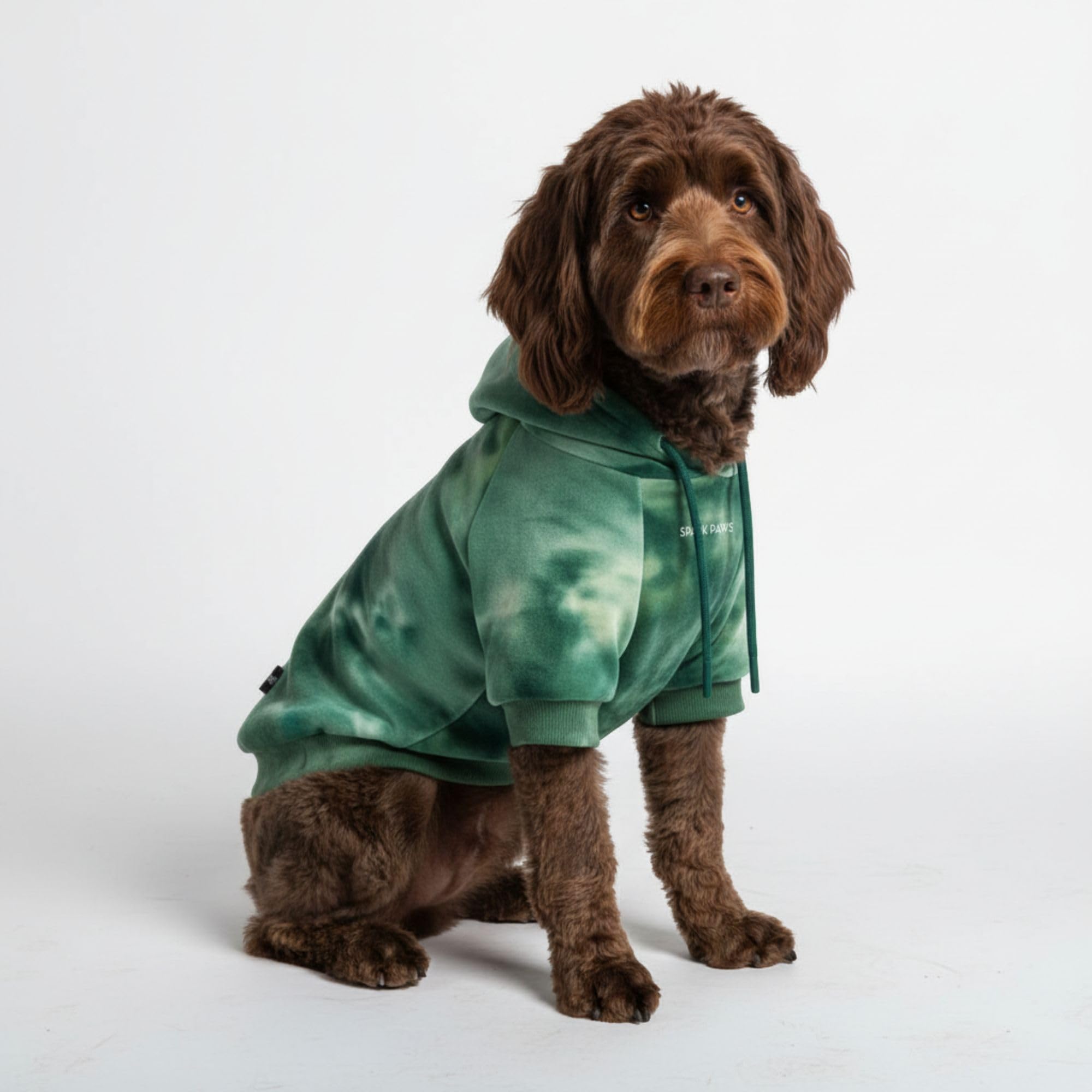 Spark Paws Dog Hoodie front view shows flexible butter-stretch fabric for all sizes.