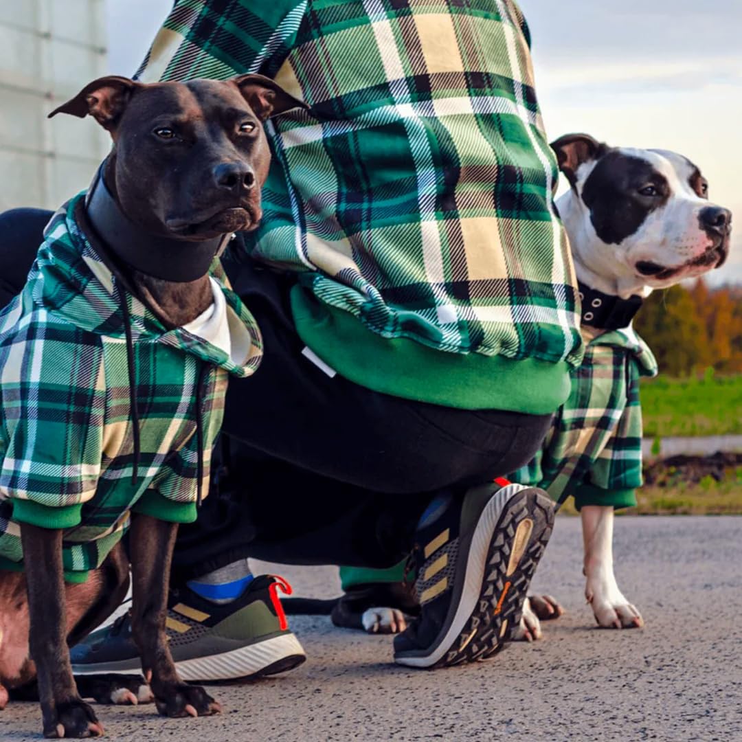 Spark Paws dog hoodie green plaid close-up emphasizing soft, flexible movement