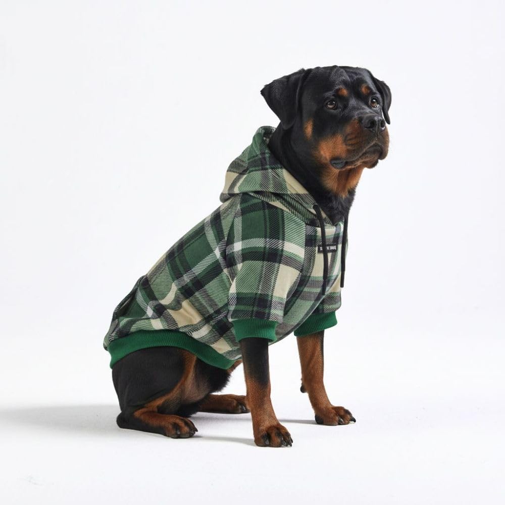 Spark Paws dog hoodie front view in green plaid, cozy warmth for cool walks