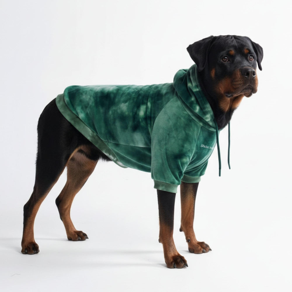 Spark Paws dog hoodie green-skydye close-up fleece interior for cozy warmth.