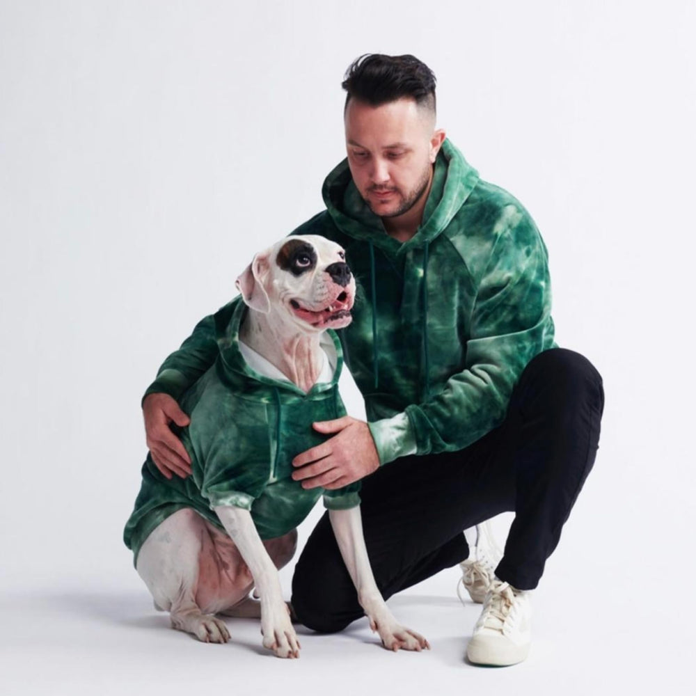 Spark Paws dog hoodie green-skydye cozy-wear suitable for cold mornings.