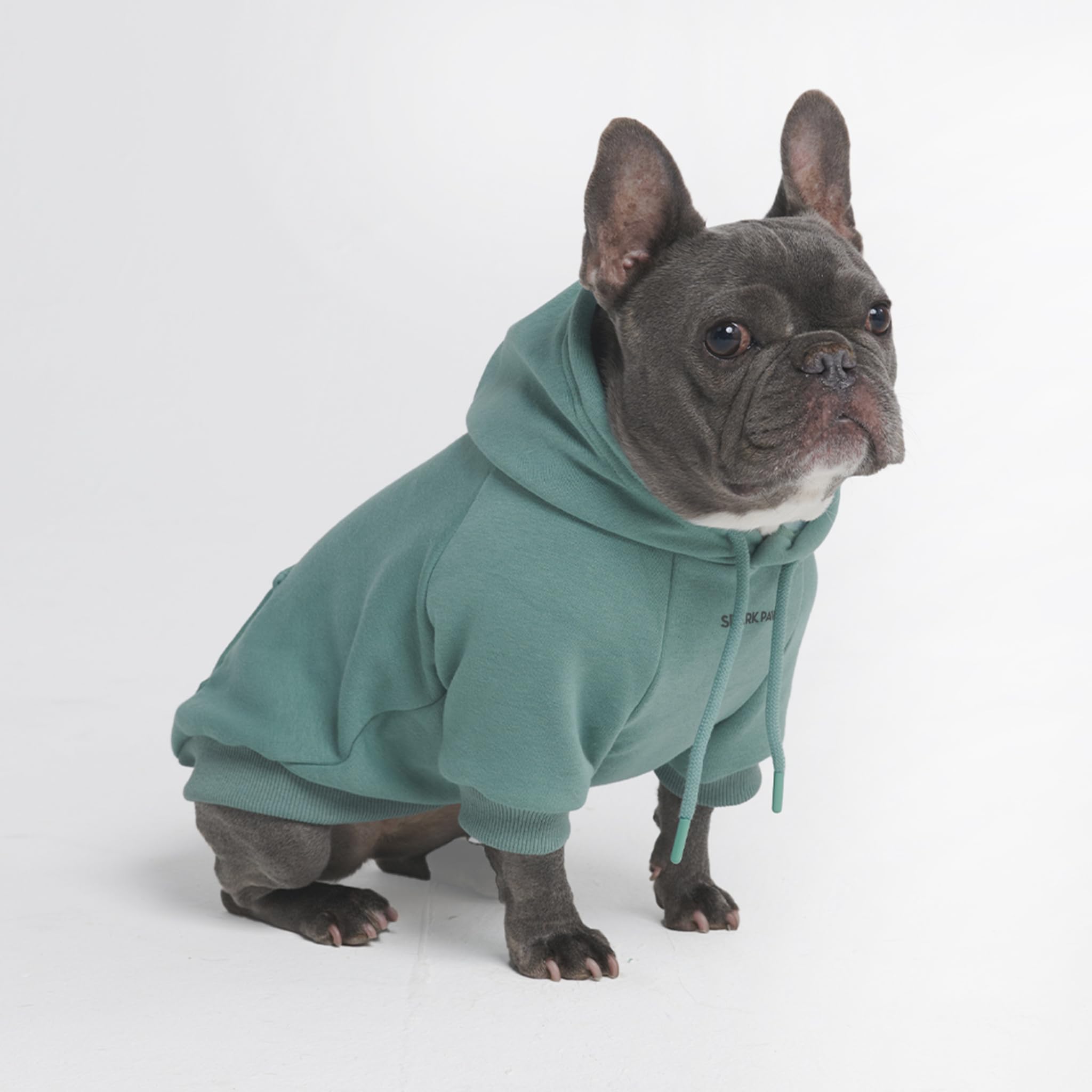 Spark Paws dog hoodie teal XL front view emphasizes soft butter-stretch fabric for comfort