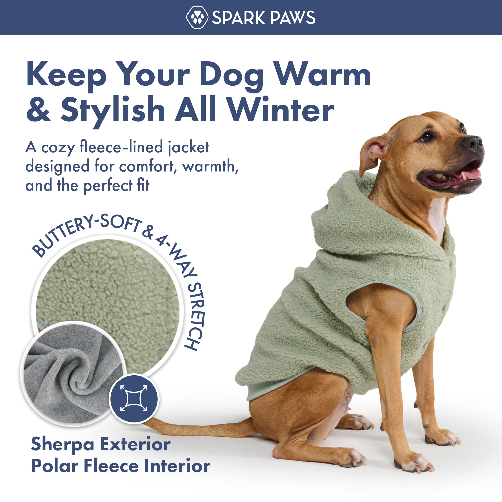 Spark Paws dog jacket hood detail highlighting secure hood in action