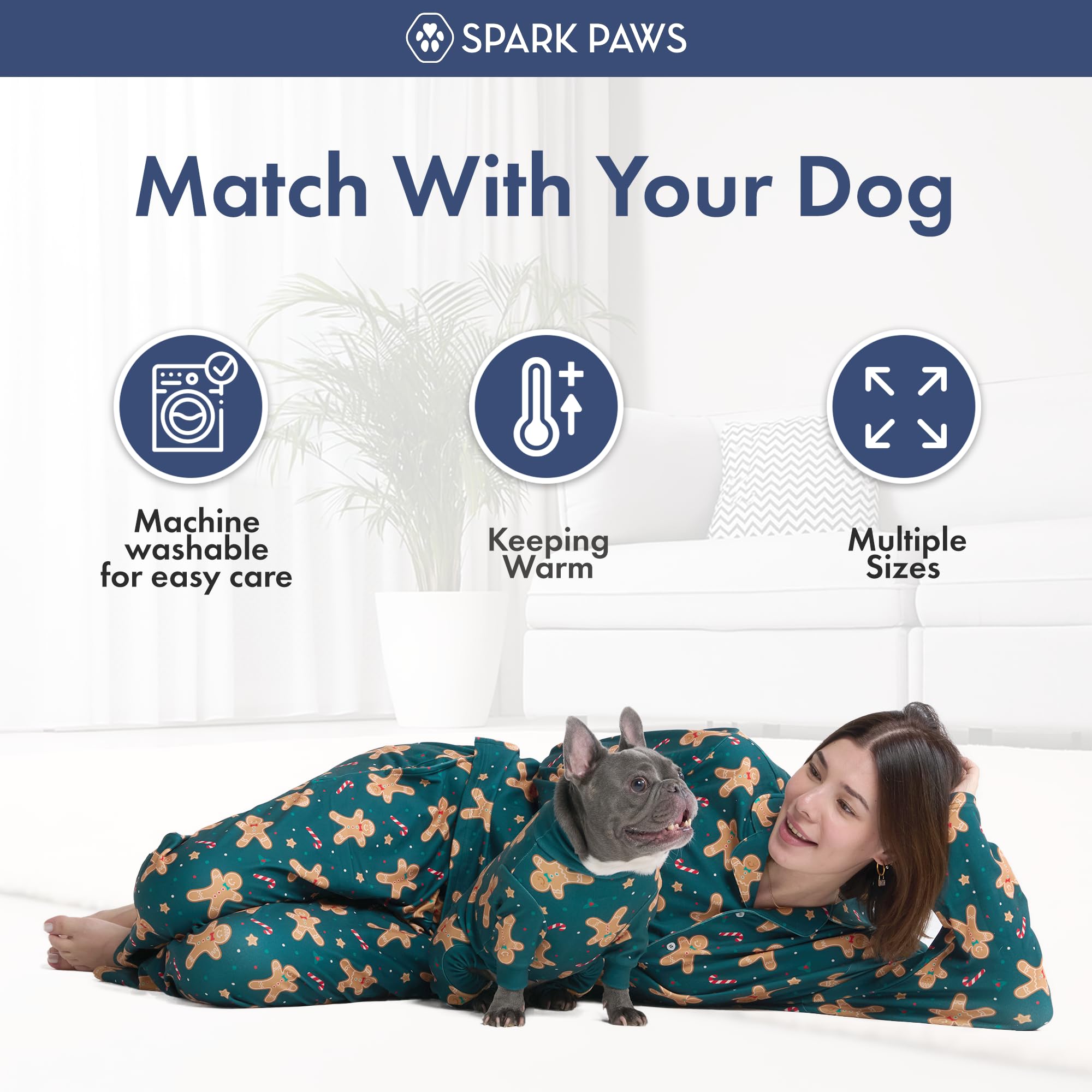 Spark Paws dog model in gingerbread-man pajamas for festive pet-friendly style.