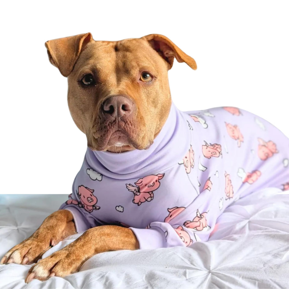 Spark Paws dog pajama back view demonstrates snug fit and secure coverage for overnight wear