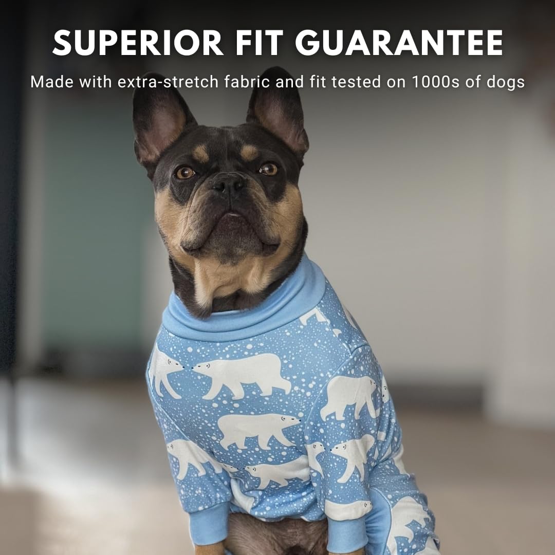 Spark Paws dog pajama fabric close-up displays durable 4-way stretch material.