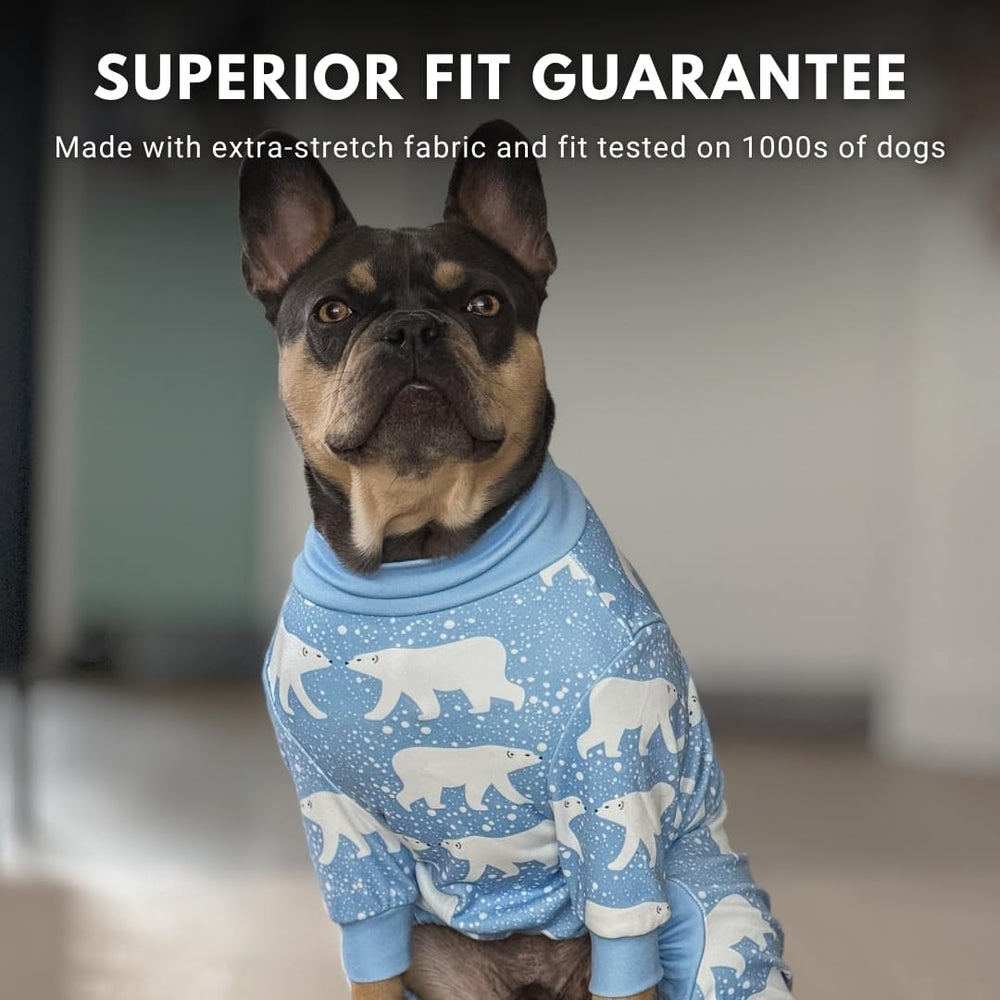 Spark Paws dog pajama fabric close-up displays durable 4-way stretch material.