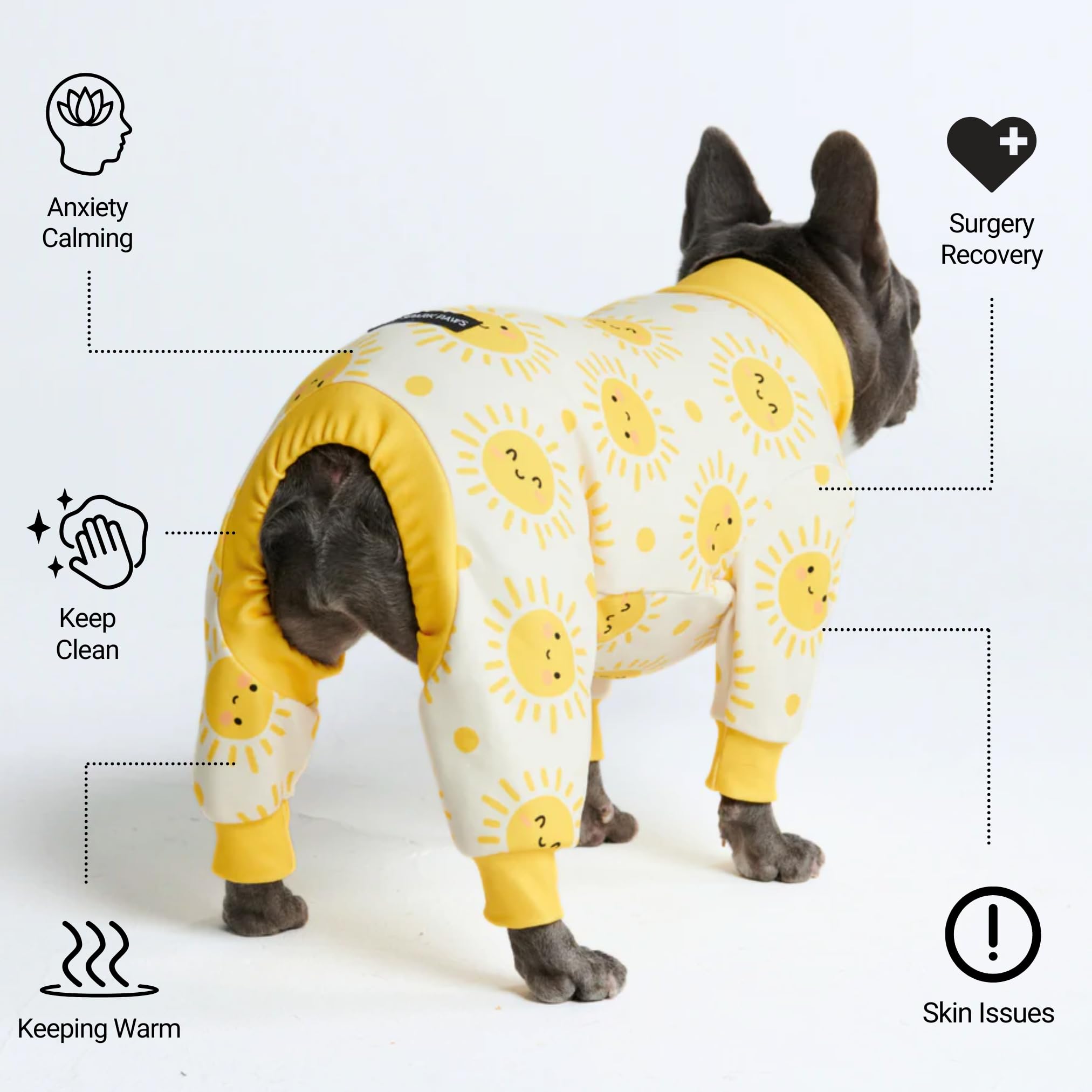 Spark Paws dog pajama fabric detail highlights calming fleece interior and durable stitching.