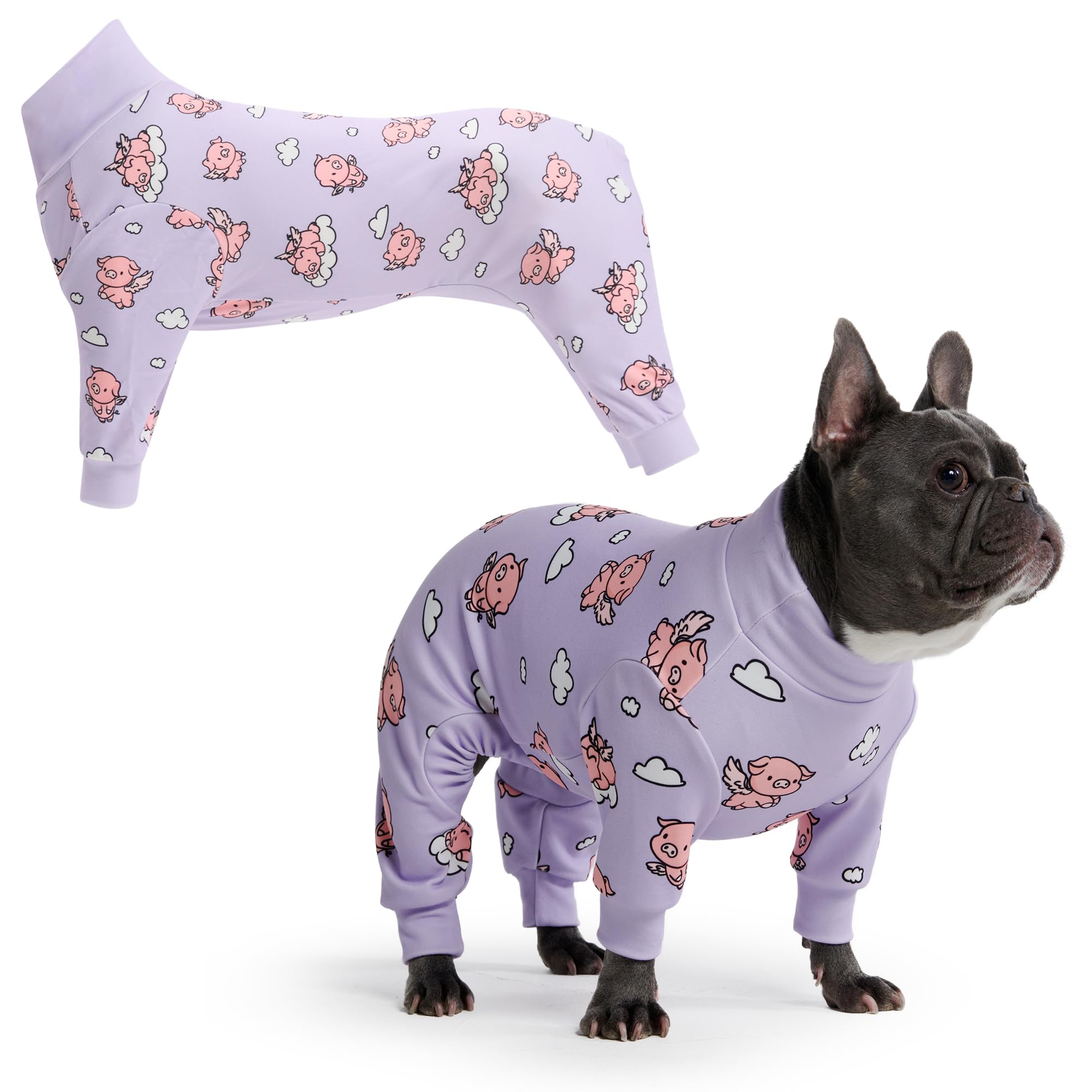 Spark Paws dog pajama front view in purple XL showing snug fit for calm nights