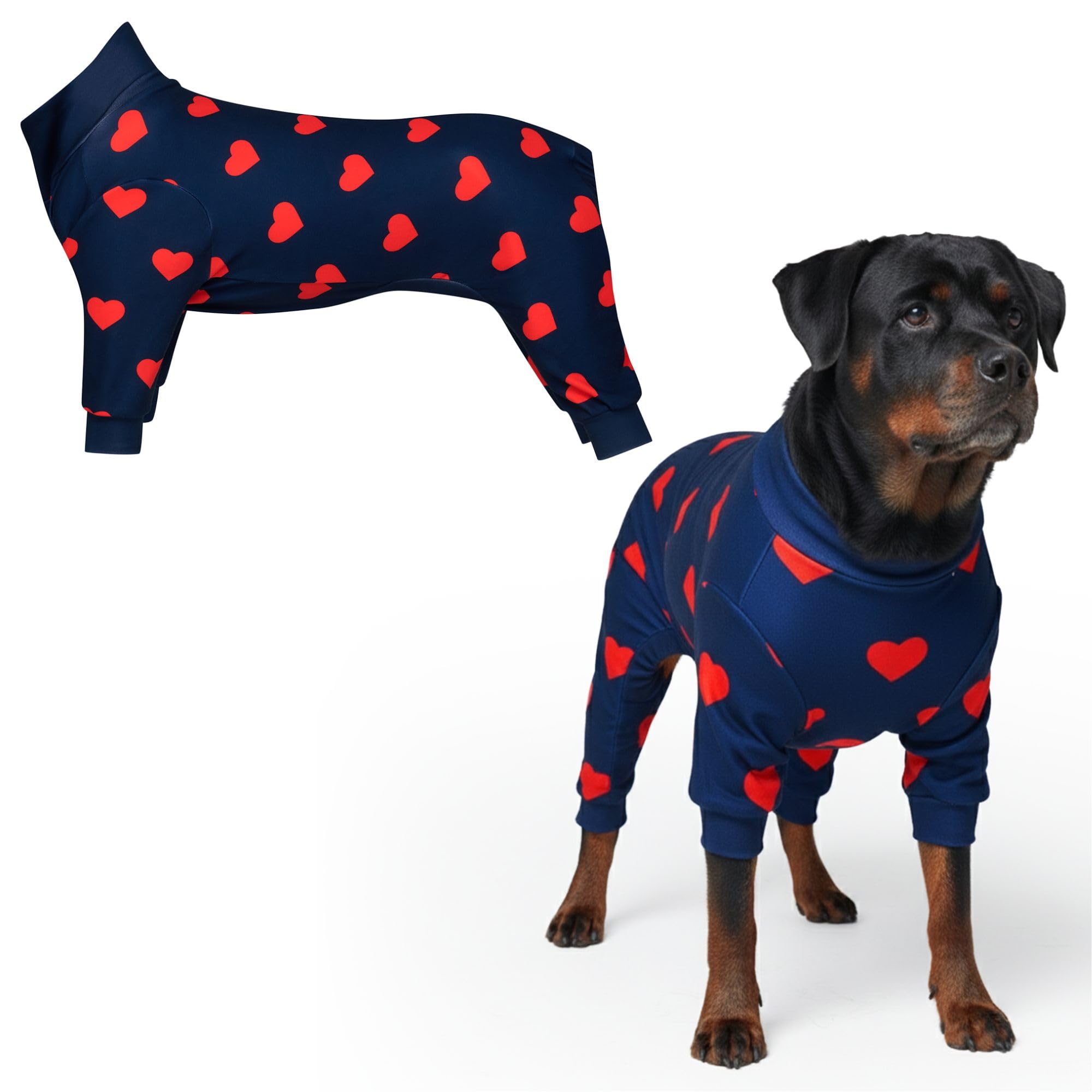 Spark Paws dog pajama front view shows heart pattern and secure, comfortable fit.