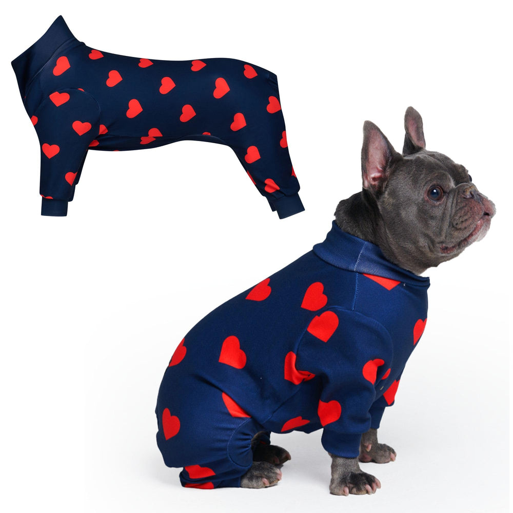 Spark Paws dog pajama hearts XL front view showing cozy hug-like fit for secure nights.