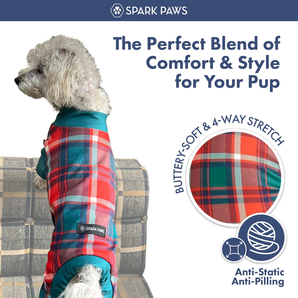 Spark Paws dog pajama precision-fit for all breeds shown in action.
