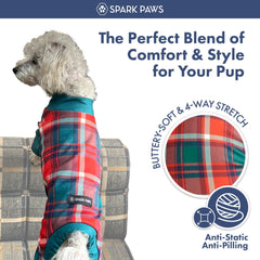 Spark Paws dog pajama precision-fit for all breeds shown in action.