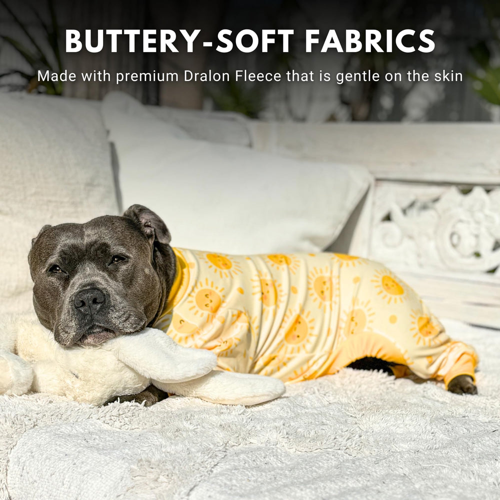 Spark Paws dog pajama sunshine-worn-by-dog proves cheerful color with comfy all-night wear.