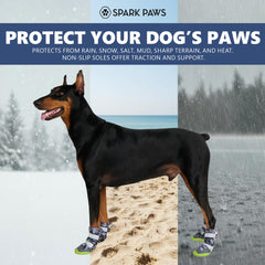Spark Paws dog shoes gray camo reflective straps improve visibility during dawn or dusk walks.