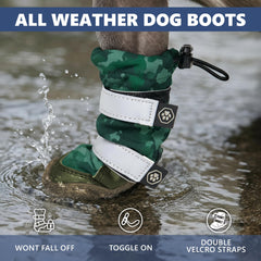 Spark Paws dog shoes green camo with reflective straps for safe evening strolls.