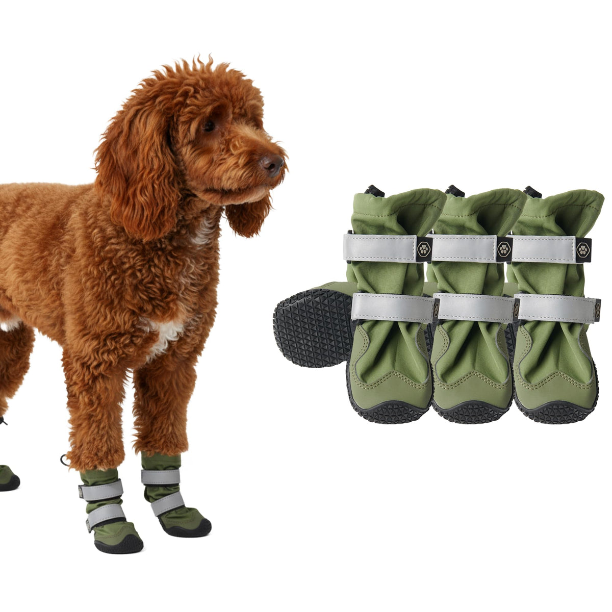 Spark Paws green side-view dog shoes for rugged outdoor protection.