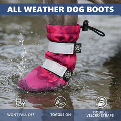 Spark Paws pink camo dog shoes pack shot highlighting 4-pack design