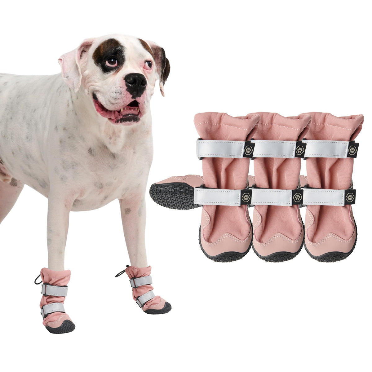 Spark Paws dog shoes pink packaging highlights rugged outdoor use