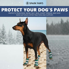 Spark Paws dog shoes with reflective straps for safe dawn and dusk walks.