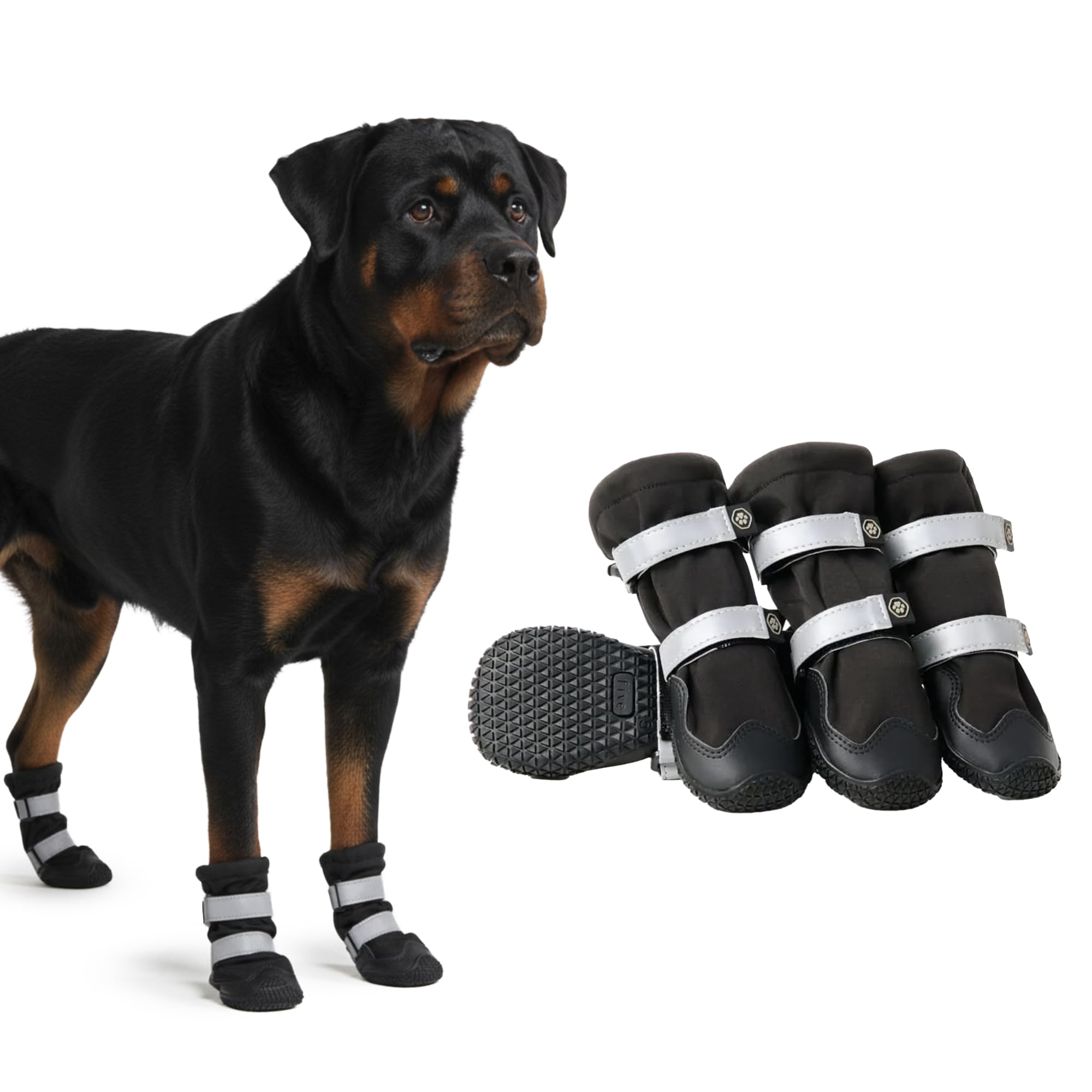 Spark Paws dog shoes closeup showing waterproof protection for all terrains.