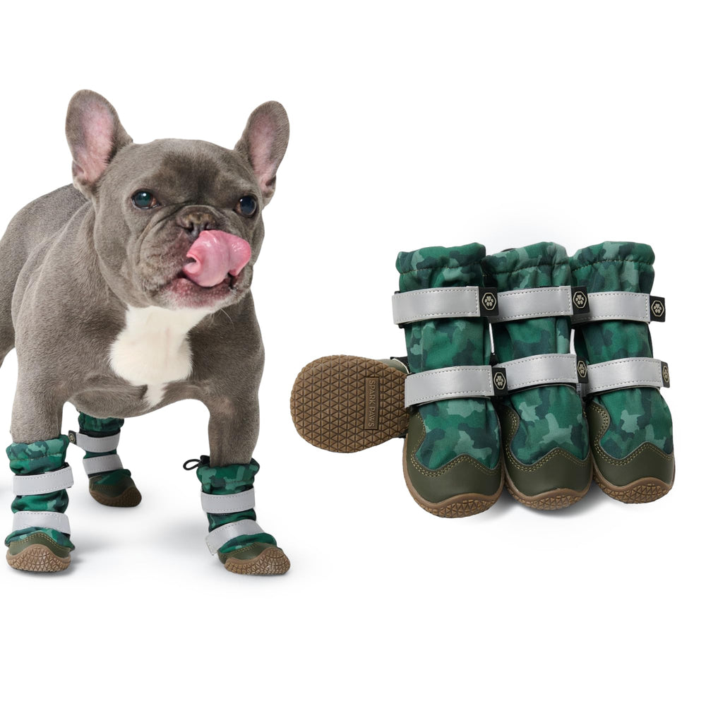 Spark Paws dog shoes green camouflage pack hero showing all-terrain versatility for paws.