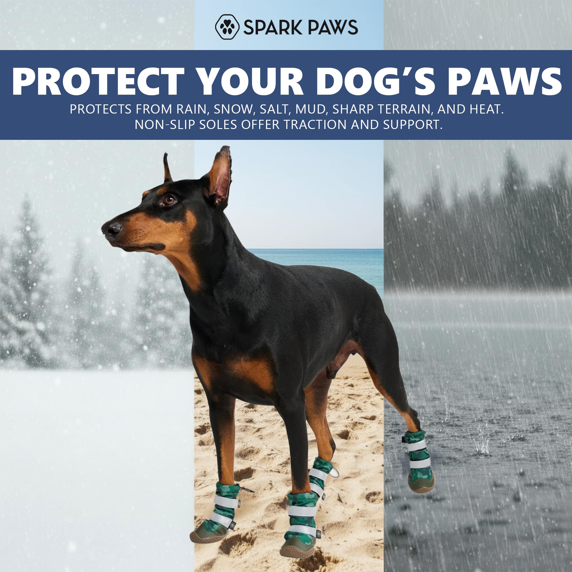 Spark Paws dog shoes waterproof material on display protecting paws on wet surfaces