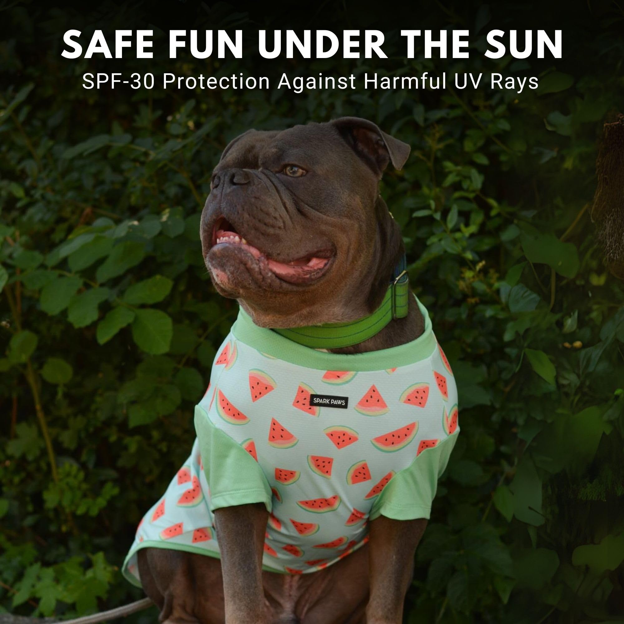 Spark Paws sunblock tee demonstrates quick-dry tech after splashes or rain.