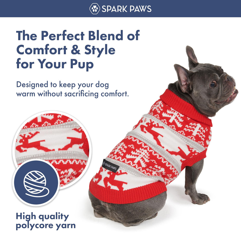 Spark Paws model wearing sweater outdoors demonstrates festive holiday look