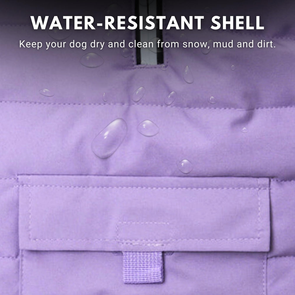 Spark Paws dog winter jacket fleece-interior lilac close-up shows soft warmth in cold weather
